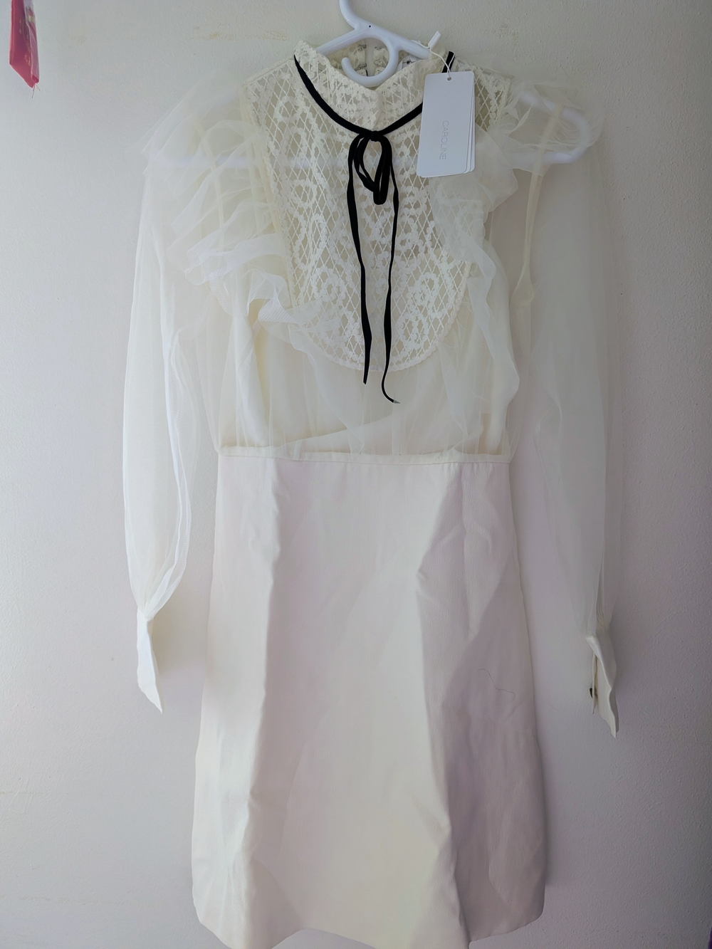 Women's Cream Lace Yoke Sheer Sleeve Nightdress with Black Tie